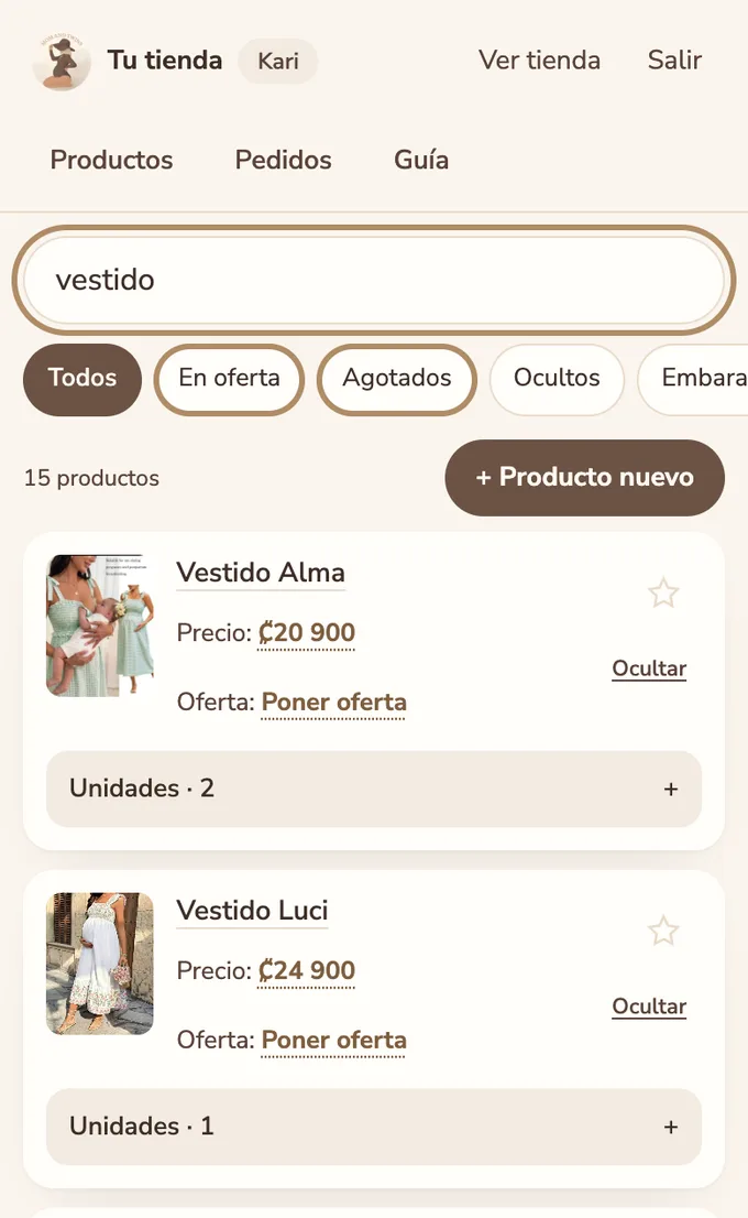 Lista de productos del panel filtrada con la palabra vestido