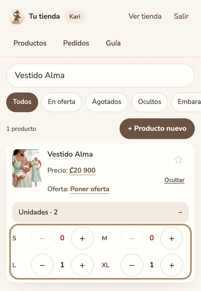 Unidades por talla de un vestido, con botones para restar y sumar