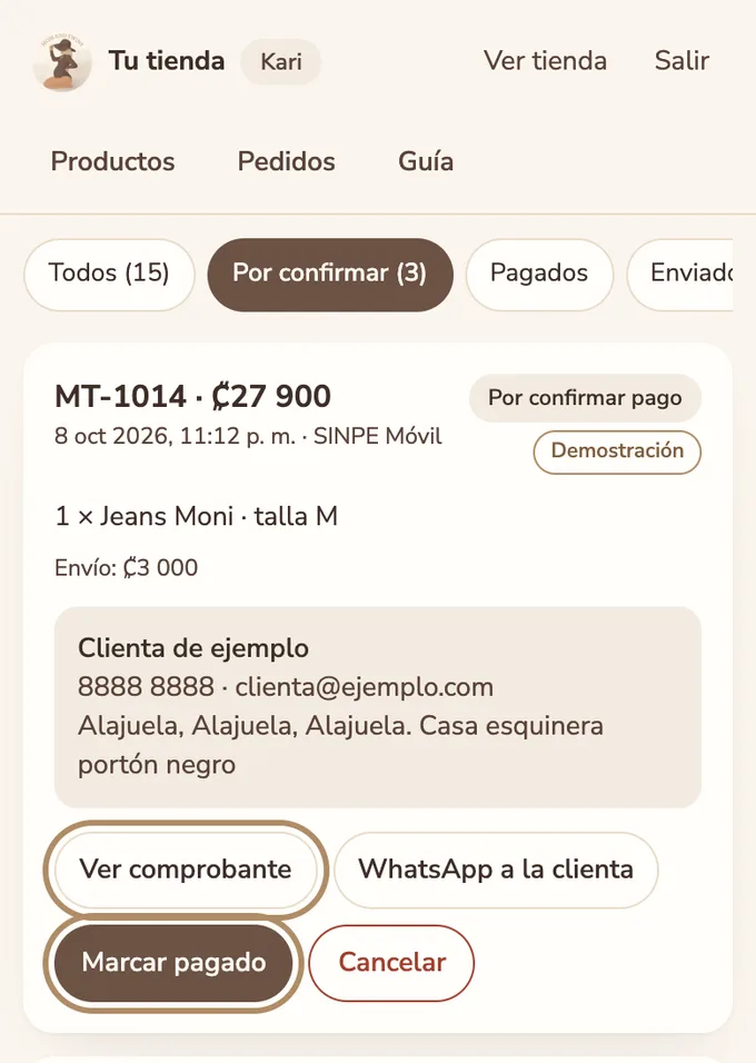 Pedido por SINPE Móvil por confirmar, con su comprobante y el botón Marcar pagado