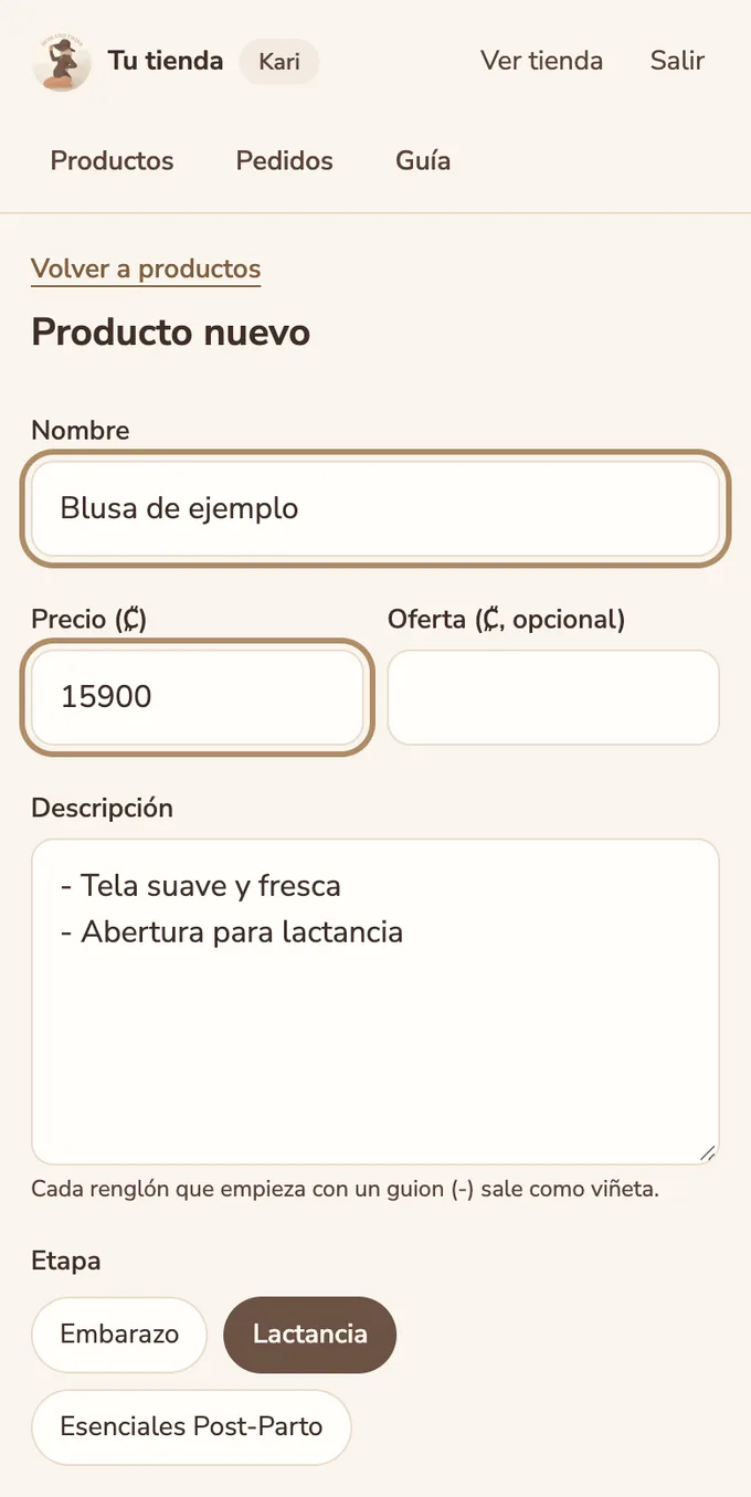 Formulario de producto nuevo con nombre, precio y descripción