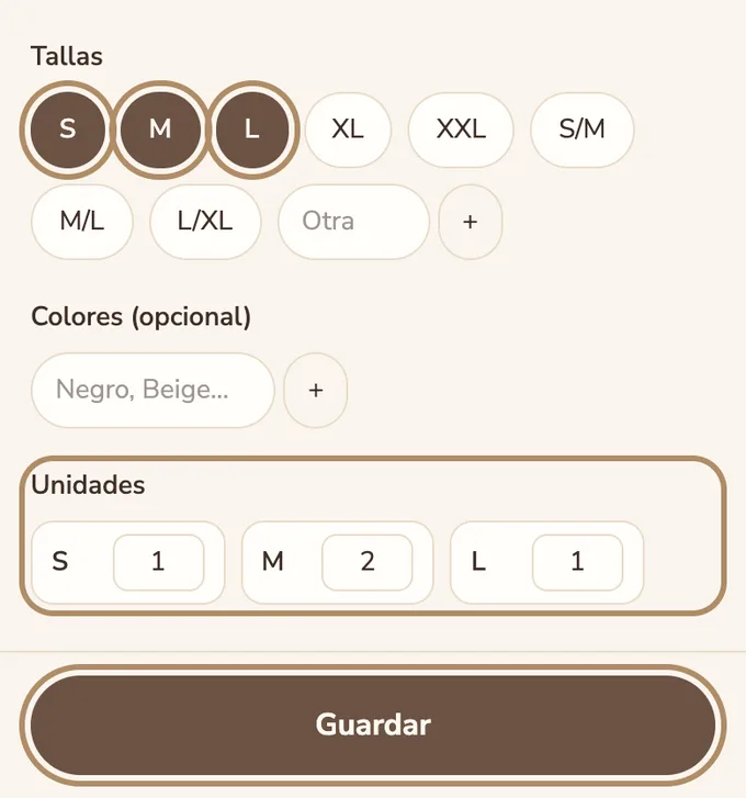 Tallas S, M y L marcadas con sus unidades, y el botón Guardar