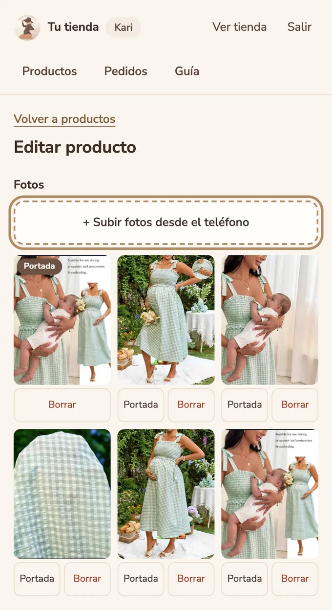 Fotos de un vestido en el panel, con la portada marcada y el botón para subir más